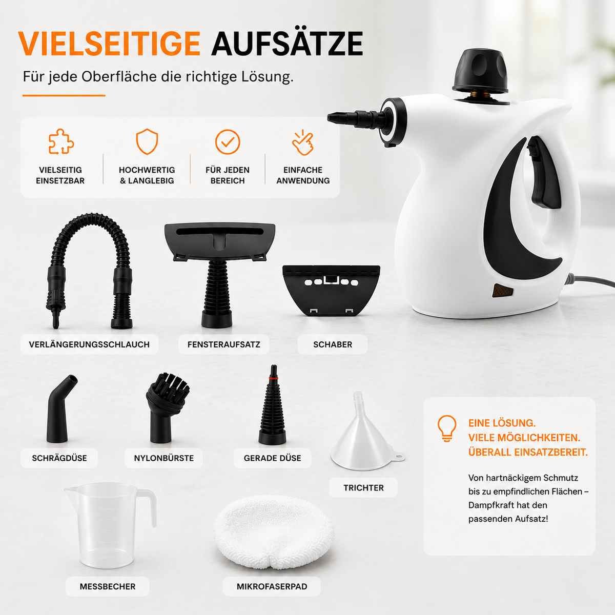 White steam cleaner with various attachments on a white background