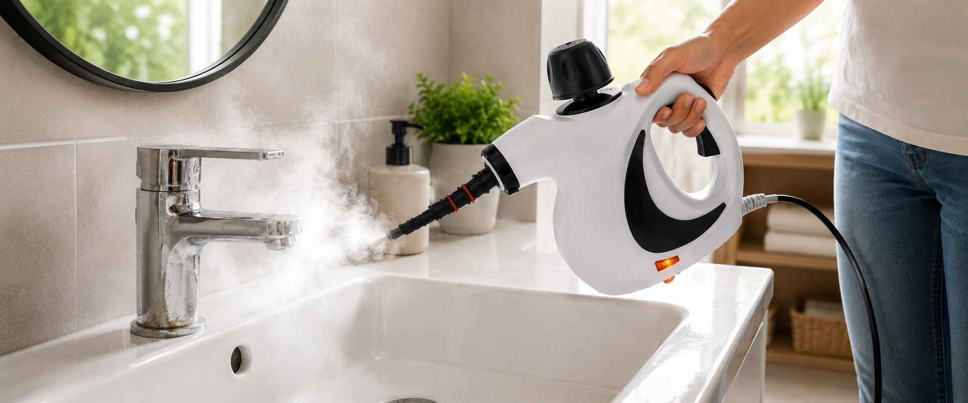Person using a handheld steamer over a sink in a bathroom setting.slider_item_Jrjbzb